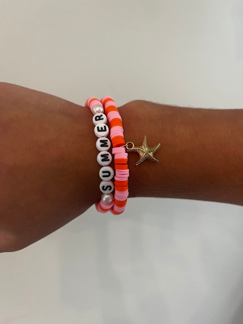 Pink and orange SUMMER bracelets with a gold starfish charm